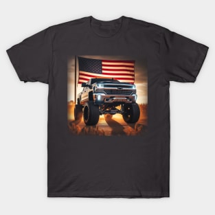 Chevrolet Silverado and The American Flag by Gas Autos T-Shirt